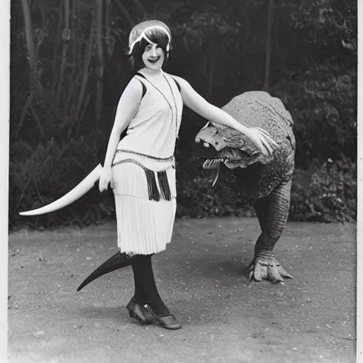 Image similar to 1920s flapper girl riding a dinosaur to the market, colorized