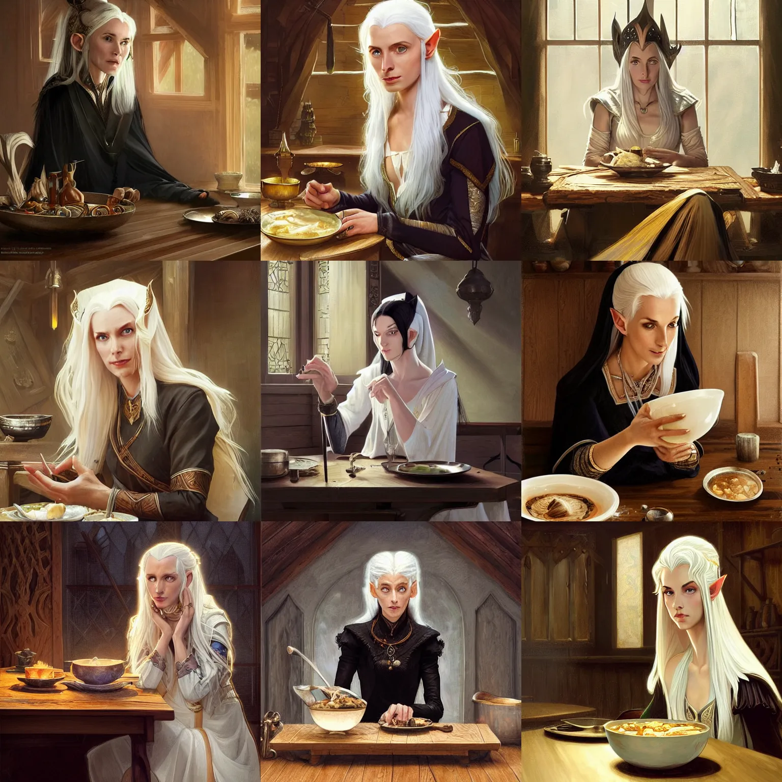 Prompt: a graceful noble female high - elf wizard with white hair and black dress sitting at a wooden table in a cabin looking sceptically at a bowl of stew, fantasy, highly detailed, digital painting, artstation, concept art, character art, art by greg rutkowski and tyler jacobson and alphonse mucha