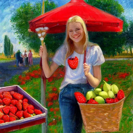 Image similar to Cute Blonde Girl 21 years old with locks sells Strawberries in a fruit stand, the fruit stand is a giant Strawberry, oil on canvas, Impressionism