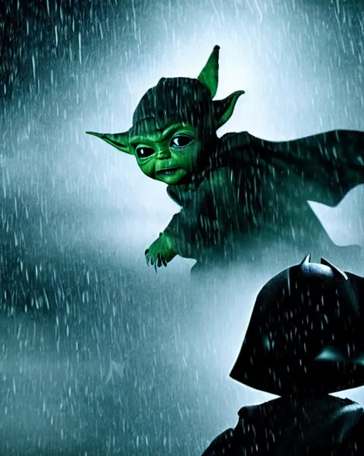 Image similar to epic closeup cinematic still of baby yoda as batman wearing batman costume with batcape as batman in atmospheric rainy alleyway in the style of batman the dark knight rises, 8 k backlit, rim lighting, dramatic moonlight lighting, beautiful composition