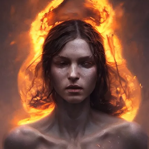 Prompt: photo realistic image of fire elemental, stunning 3 d render inspired art by istvan sandorfi and greg rutkowski, perfect facial symmetry, realistic, highly detailed attributes and atmosphere, dim volumetric cinematic lighting,