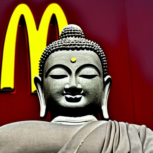 Image similar to The Buddha at McDonalds, photography, 8K