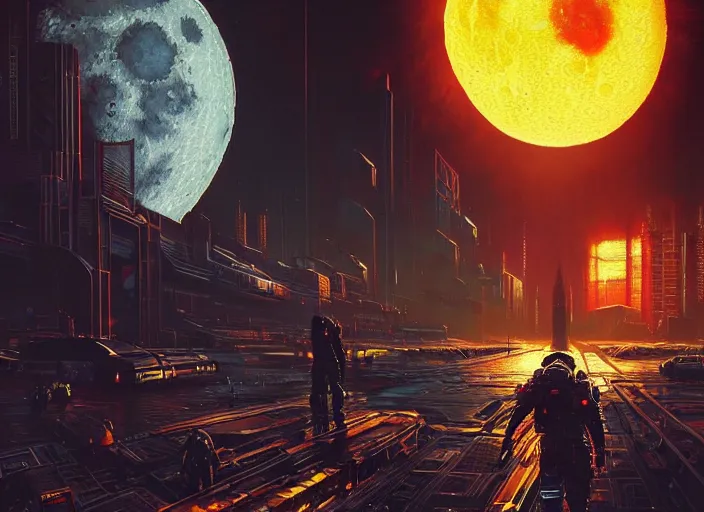 Image similar to The moon exploding into a nuclear fusion explosion cyberpunk 2077 loading screen, intricate, dystopian, fantasy, extremely detailed, digital painting, artstation, concept art, smooth, sharp focus, illustration, intimidating lighting, incredible art by artgerm and greg rutkowski and alphonse mucha and simon stalenhag