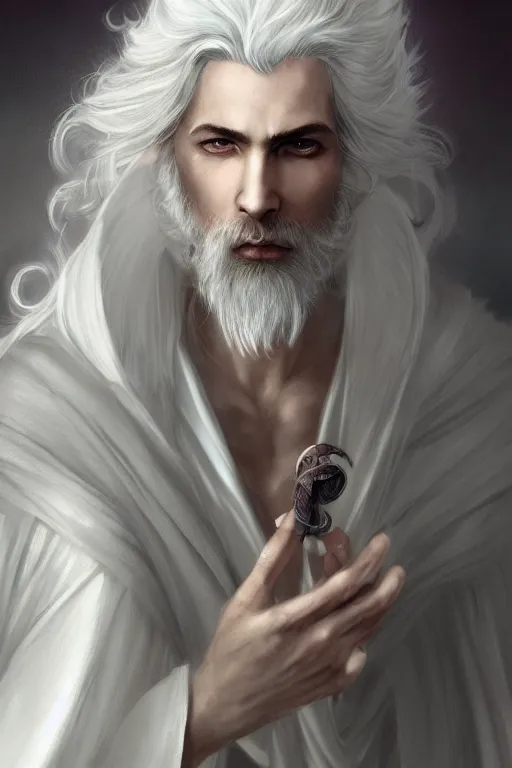 Image similar to white haired robe fu xi full male front body portrait, very long white beard and hair, long hair shawl, fine kindness delicate prefect face features gaze, piercing eye, elegant, style of tom bagshaw, cedric peyravernay, peter mohrbacher, victo nga, 4 k hd illustrative wallpaper, animation style, chinese style