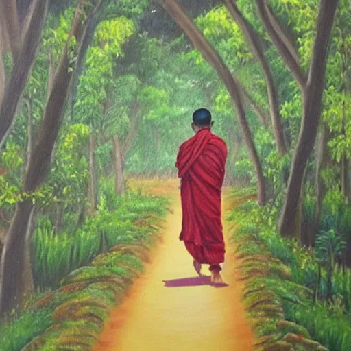 Image similar to painting by richa kashelkar of a young buddhist monk walking down a narrow road in jungle early morning