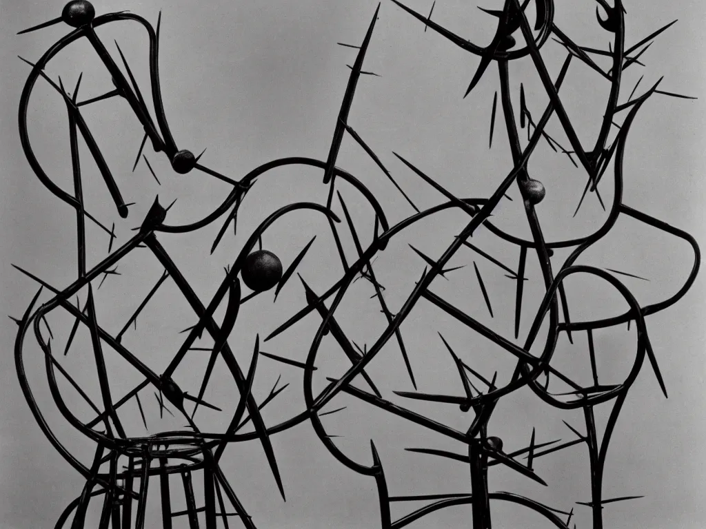 Image similar to humanoid gothic chair with thorns. karl blossfeldt, yves tanguy