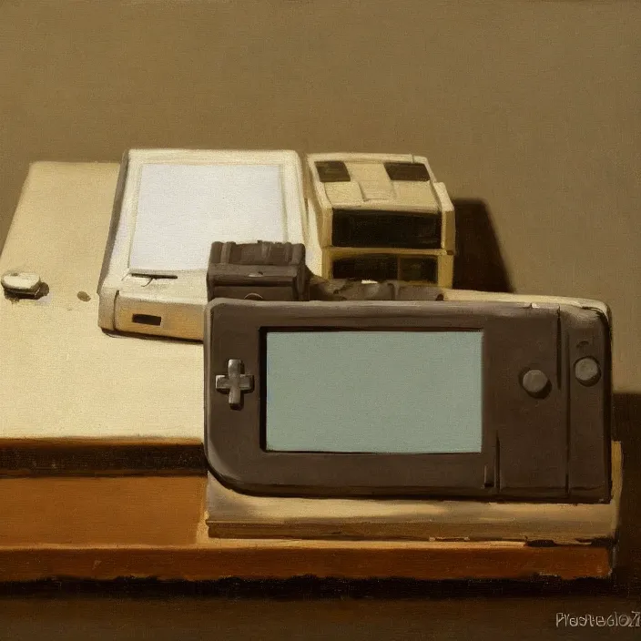 Image similar to still life painting of a gameboy by pieter claesz, oil on canvas, strong lighting, highly detailed, hyper realism, golden hour, god rays, hd, 4 k