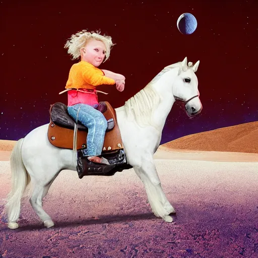 Image similar to matty matheson blonde hair riding a horse over the moon, photograph