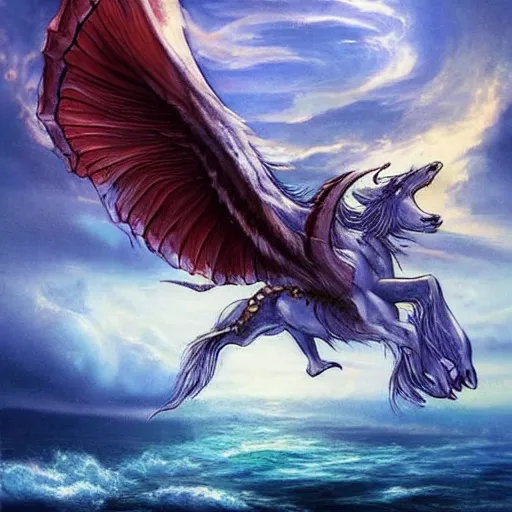 Image similar to a beautiful, celestial, oceanic drakopegasus rising from the sea, fantasy art,