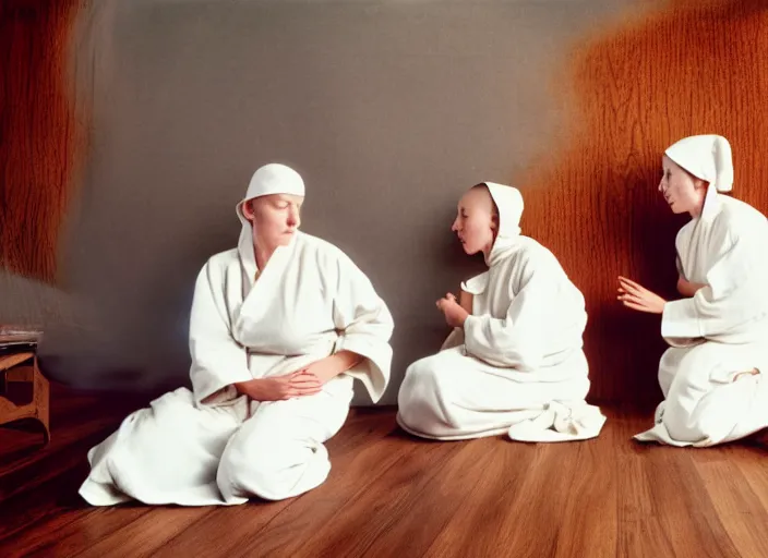 Image similar to realistic photo of a two medieval female monks scientists wearing white cotton robes, doing an experiment with a cloud, living room interior is made of wood 1 9 9 0, life magazine reportage photo, natural colors