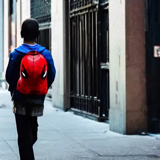 Prompt: photo of spiderman with a backpack on his way to school on the streets of new york, lonely atmosphere, cinematic