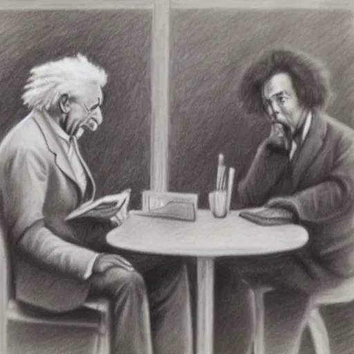 Prompt: Einstein and Newton sitting at cafe, pencil drawing, ultra detailed