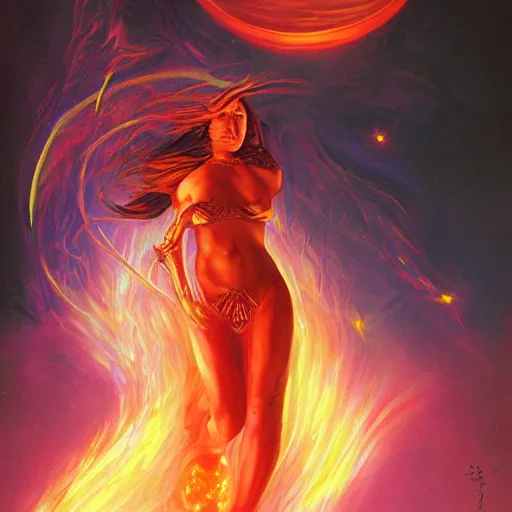 Image similar to A beautiful painting of a female cosmic being with flames as her body by Jim Burns, 8K, ultra-detailed , Trending on artstation.