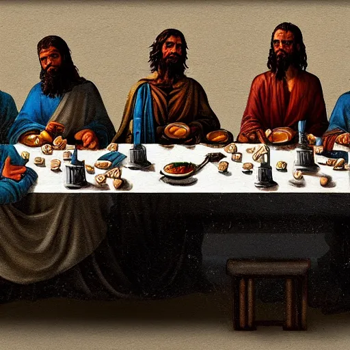 Prompt: ancient greec gods around dinner table in the style of last supper, painting, detailed, trending on artstation