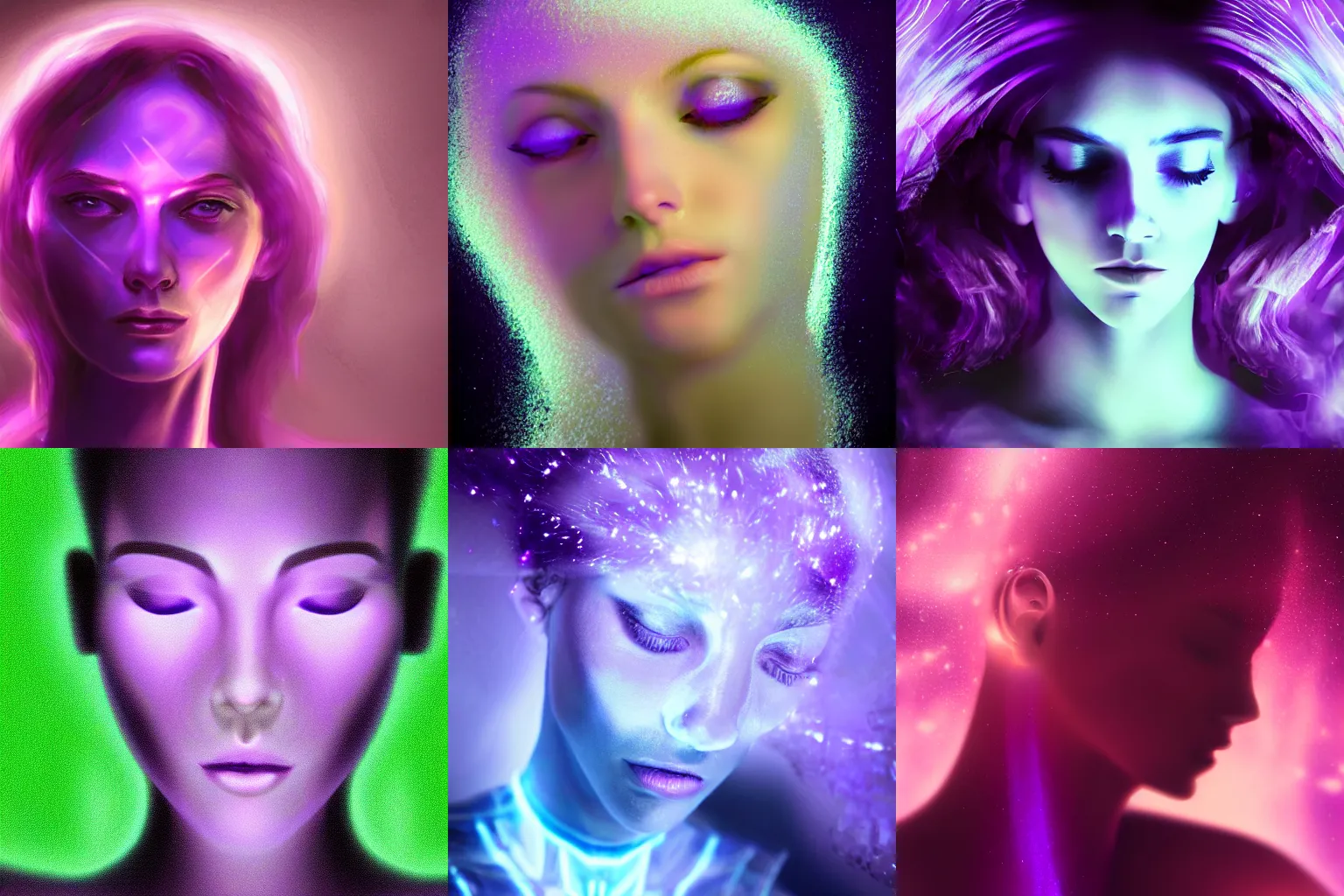 Prompt: closeup portrait of an ethereal person made of purple light, divine, cyberspace, mysterious, concept art