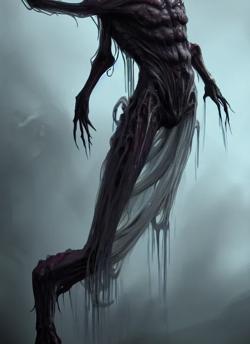 Prompt: creepy pale moster with incredibly long fingers, very long arms, translucent slimy skin, wet, veiny, character concept art, dramatic lighting, highly stylized, trending on artstation