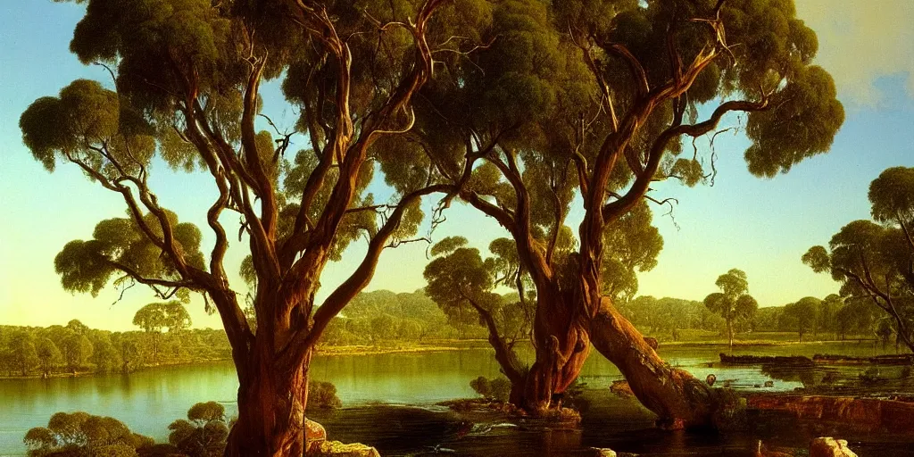 Prompt: painting of a old bluegum tree next to a meandering river by alexei savrasov and thomas cole, artstation