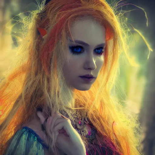 Image similar to a beautiful female human warlock portrait, focus on face, sharply focussed, brightly colored, dress, long blonde hair, fairy, fae, fantasy, medieval, still, photograph, highly detailed, trending on artstation, cinematic, dramatic