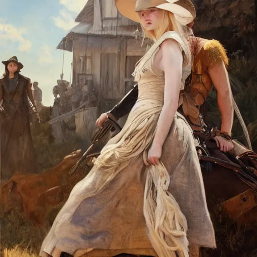 Prompt: ultra realistic portrait painting of elle fanning, ana de armas, anya taylor - joy as a western outlaw, art by frank frazetta, 4 k, ultra realistic, highly detailed, epic lighting