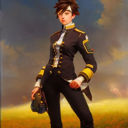 Image similar to oil painting of tracer overwatch in a field wearing spiked collar uniform, in style of ivan aivazovsky, expressive face, detailed face, detailed eyes, full body, feminine face, tracer overwatch,