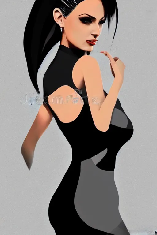 Prompt: full length illustration of very beautifully female looking like angelina jolly with amazing body figure, wearing tight dress, ponytail haircut, digital painting, trending on art station and devian art, pop art, low polygons illustration