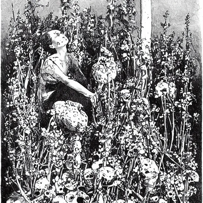 Image similar to a walther caspari illustration in lustige blatter in 1 8 9 9 of a ( young goddess, sitting on a conical!!!! pile! of small skulls ) with huge flowers on tall stalks behind her, black and white pen an ink drawing