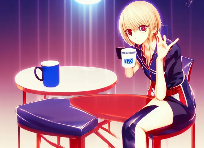 Image similar to anime KOF Kula Diamond drinking coffee, Karolis Strautniekas,omoide emanon, tsuruta kenji, murata range,kawaii, kyoto animation, manga, intricate, detailed, studio lighting, blue red black, gradation,editorial illustration, matte print, Ilya Kuvshinov