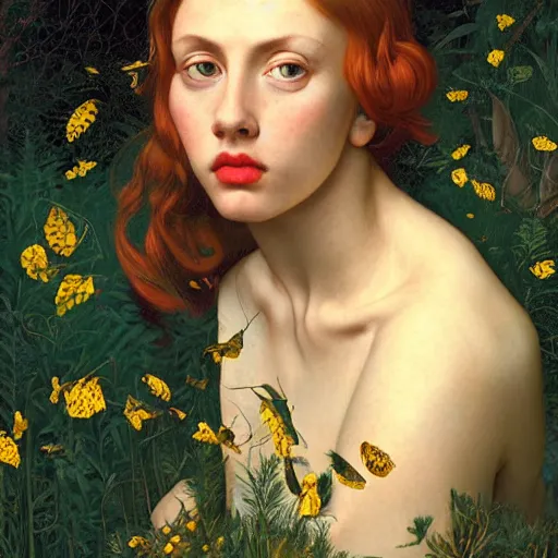 Prompt: a highly detailed portrait, red haired young woman, among golden fireflies, amid nature, long hair, green eyes, hint of freckles, round gentle face, cheeky smile with red lips, deep focus, elegant, digital painting, smooth, sharp, golden ratio, illustration, art by artemisia lomi gentileschi, caravaggio and artgerm