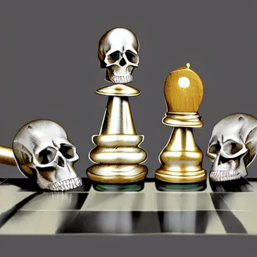 Prompt: a chess piece, a skull and bullet casings by greg hildebrandt