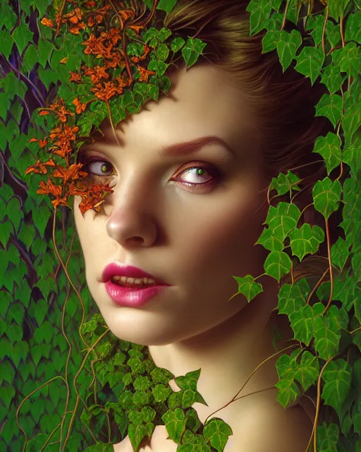 Image similar to closeup portrait the platonic ideal of flowers and vines, poison ivy, beautiful succubus, intricate, hyperrealism, intense, dmt, artgerm, moebius, glamour pose, arney freytag, greg rutkowski, maxfield parrish, dan mumford, moebius, alphonse mucha