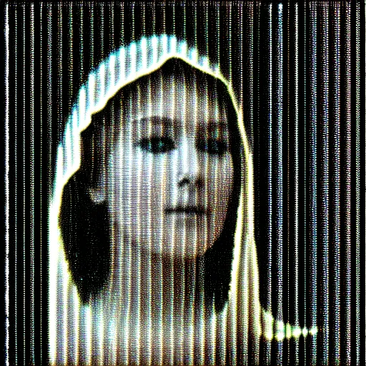 Image similar to vhs static overlay of marian apparition, vhs, 1 9 9 0, highly realistic, highly detailed, vhs noise static, black and white, vhs glitch