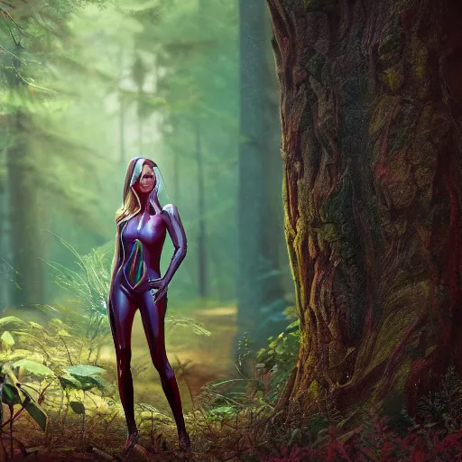 Prompt: A hyper real comic book style portait painting of a beautiful alien creature in the woods, unreal 5, hyperrealistic, octane render, cosplay, RPG portrait, dynamic lighting