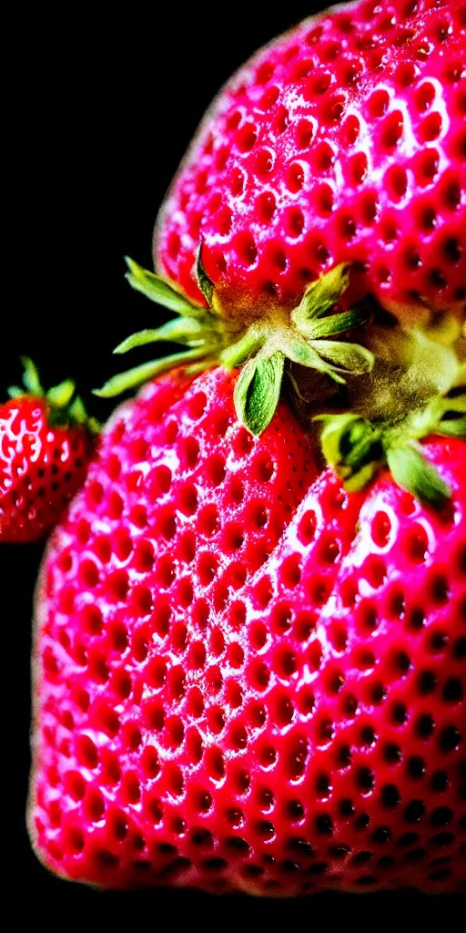 Image similar to a extreme macro photo of a strawberry, hyper realistic, hyper detailed, 35mm, very grainy film, pink volumetric studio lighting, bokeh, black background award winning shot, vogue magazine, cinematic, 8k, very closeup, elegant, tender, pastel W 1024