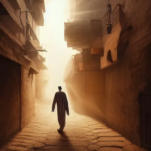 Image similar to old jeddah city alley, roshan, old shops, horse, magical glowing sand gateway to another dimension, a man wearing a white robe standing watching over, dramatic lighting, dawn, by caspar david friedrich by beeple and james gilleard and justin gerard, centered, artstation, smooth, sharp focus, photoreal octane render, 3 d, by jean baptiste monge