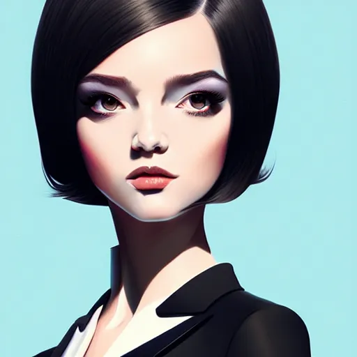 Image similar to young female in black tuxedo, corporate boss, luxury, muted colors, matte print, pastel colors, 2d, ultra highly detailed, smooth, sharp focus, digital art, digital painting, fan art, elegant, artstation, by Ilya Kuvshinov