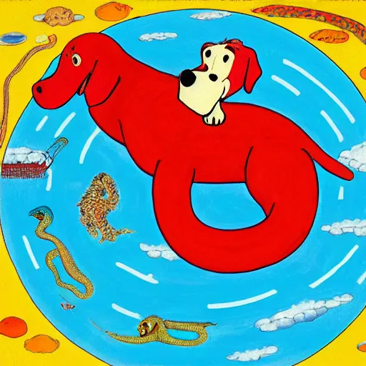 Prompt: clifford the big red dog with the body of a snake wrapped around the entire earth, view from space