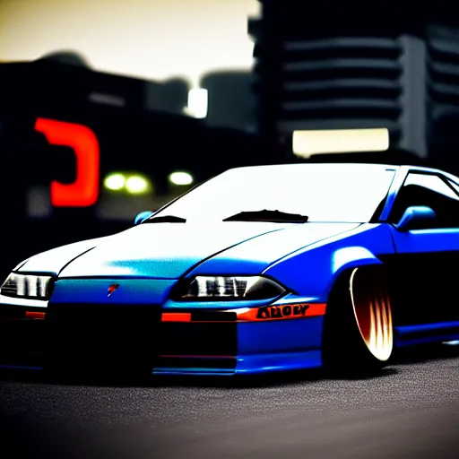 Image similar to a car 300ZX twin turbo drift at illegal car meet, Shibuya prefecture, city midnight mist lights, cinematic lighting, photorealistic, highly detailed wheels, high detail