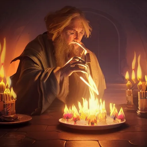 Image similar to a wizard blowing out his birthday candles, the flames on the candles look like tiny phoenix, art by artgerm and greg rutkowski and alphonse mucha, concept art, octane render, unreal engine 5, highly detailed, high quality, 8 k, soft lighting, realistic face, path traced