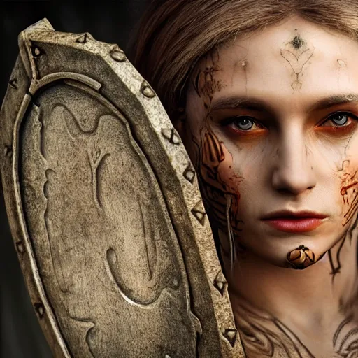 Image similar to shield maiden with cry makeup, intricate detail, royo, klimt, miro, vallejo, frazetta, giger, whealan, hd, unreal engine,