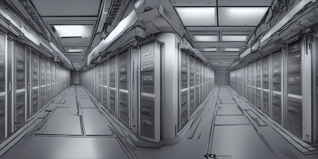 Prompt: parallax datacenter server room white rusty android robocowboy in artstation