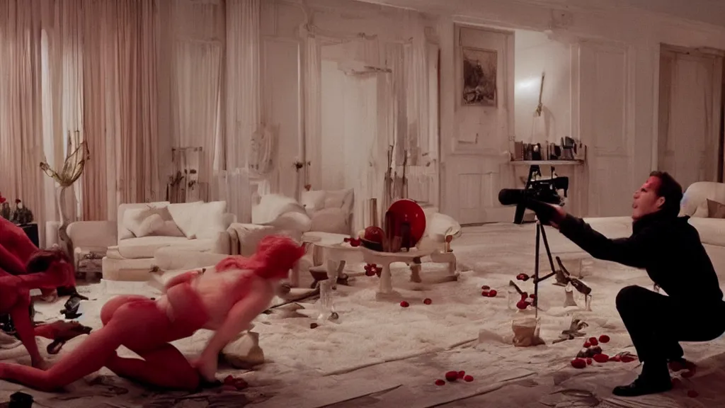 Image similar to Cherry on Cherry violence in a living room, film still from the movie directed by Denis Villeneuve with art direction by Salvador Dalí, wide lens
