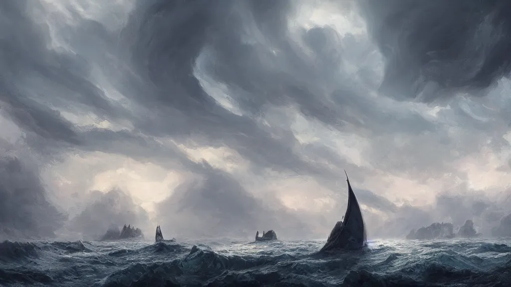 Prompt: a fantasy book landscape with massive big giant kraken in the background, small boat in the front, a stormy sea, giant waves, lightning in the background, soft digital painting, highly detailed, artstation, sharp focus, illustration, concept art, ruan jia, oil painting, 4 k