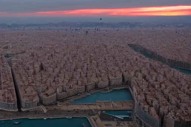 Prompt: views of catastrophic barcelona covered with water and refugees in buildings, global warming, sunset lighting, photo real