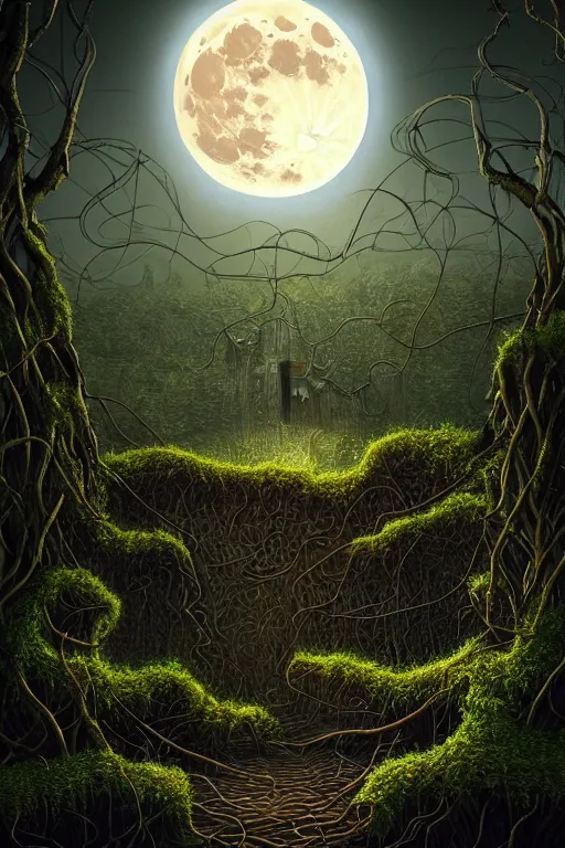 Image similar to a beautiful digital illustration painting of a detailed gothic fantasy full moon and roots, throne seat and vines by by benoit b. mandelbrot, steven belledin, martin johnson heade, lee madgwick, caspar david friedrich, and david rios ferreira. 8 k resolution trending on artstation concept art digital illustration