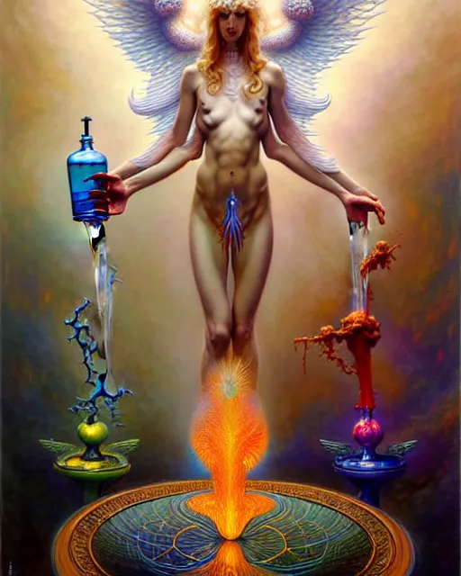 Prompt: an angel pouring water between two cups, tarot card, fantasy character portrait made of fractals, ultra realistic, wide angle, intricate details, the fifth element artifacts, highly detailed by peter mohrbacher, hajime sorayama, wayne barlowe, boris vallejo, aaron horkey, gaston bussiere, craig mullins