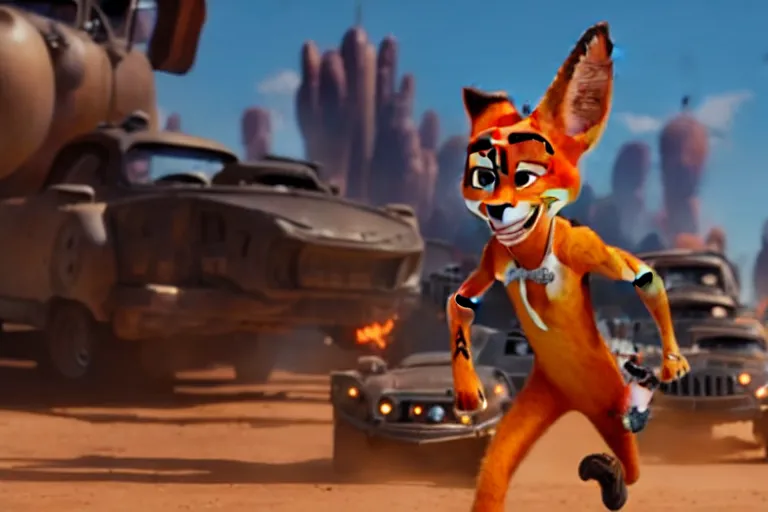 Image similar to nick wilde ( from zootopia ), heavily armed and armored facing down armageddon in a dark and gritty reboot from the makers of mad max : fury road