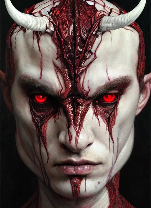 Image similar to half demon half human man intricate skin pattern texture, elegant, peaceful, full body, white horns, hyper realistic, extremely detailed, dnd character art portrait, dark fantasy art, intricate fantasy painting, dramatic lighting, vivid colors, deviant art, artstation, by edgar maxence and caravaggio and michael whelan and delacroix.