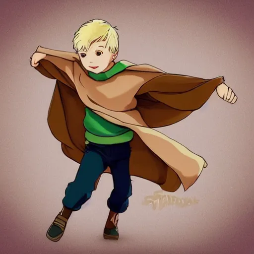 Prompt: blonde boy with golden eyes wearing a brown cape and flying in t pose, in the style of studio ghibli, artgerm