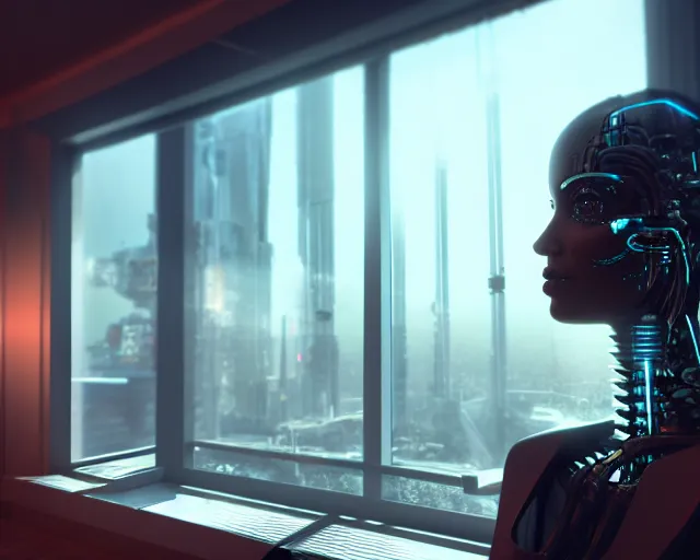 Image similar to a terminator cyborg lady with borg implants and optical fibers is drinking coffee near a window with dystopian city visible outside. very detailed 8 k. cyberpunk style. unreal engine render. global illumination. nanite. rtx. path tracing.