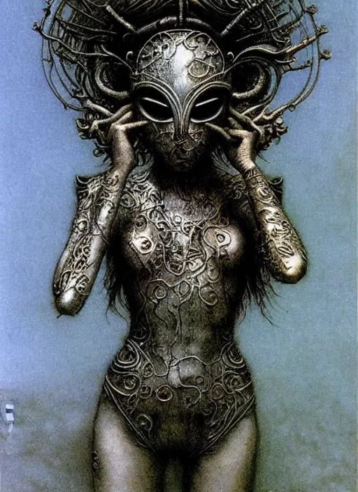 Prompt: full body girl in detailed ornamental mask by Beksinski and Luis Royo